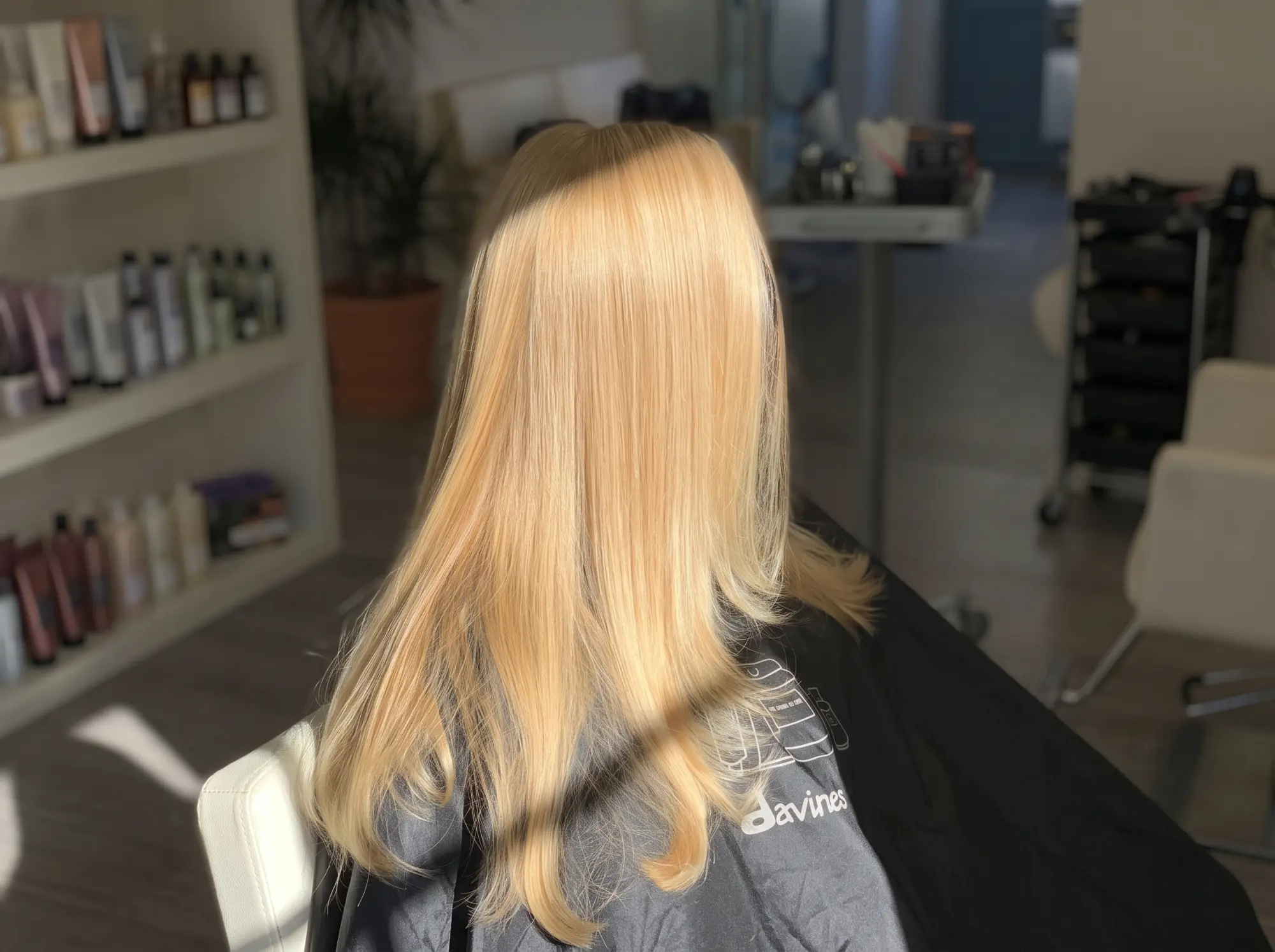 Blond, sveže pobarvani in oblikovani dolgi lasje v salonu Hi&scaron;a lasnih misli